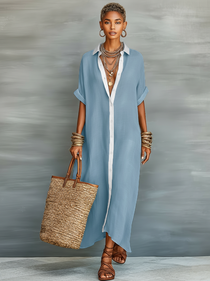 Women’s Linen Blend Shirt Maxi Dress – Short Sleeve Button Front Minimalist Summer Casual Dress