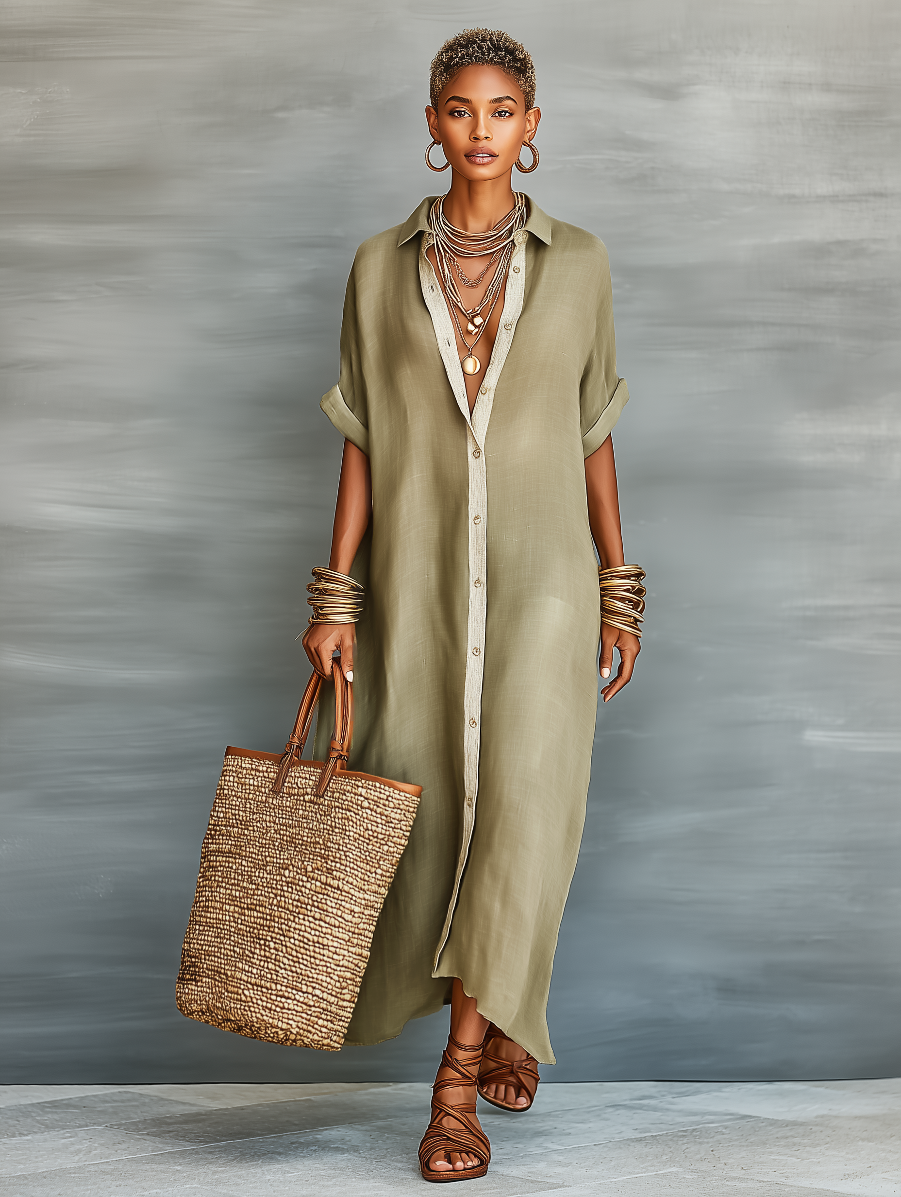 Women’s Linen Blend Shirt Maxi Dress – Short Sleeve Button Front Minimalist Summer Casual Dress
