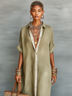 Women’s Linen Blend Shirt Maxi Dress – Short Sleeve Button Front Minimalist Summer Casual Dress