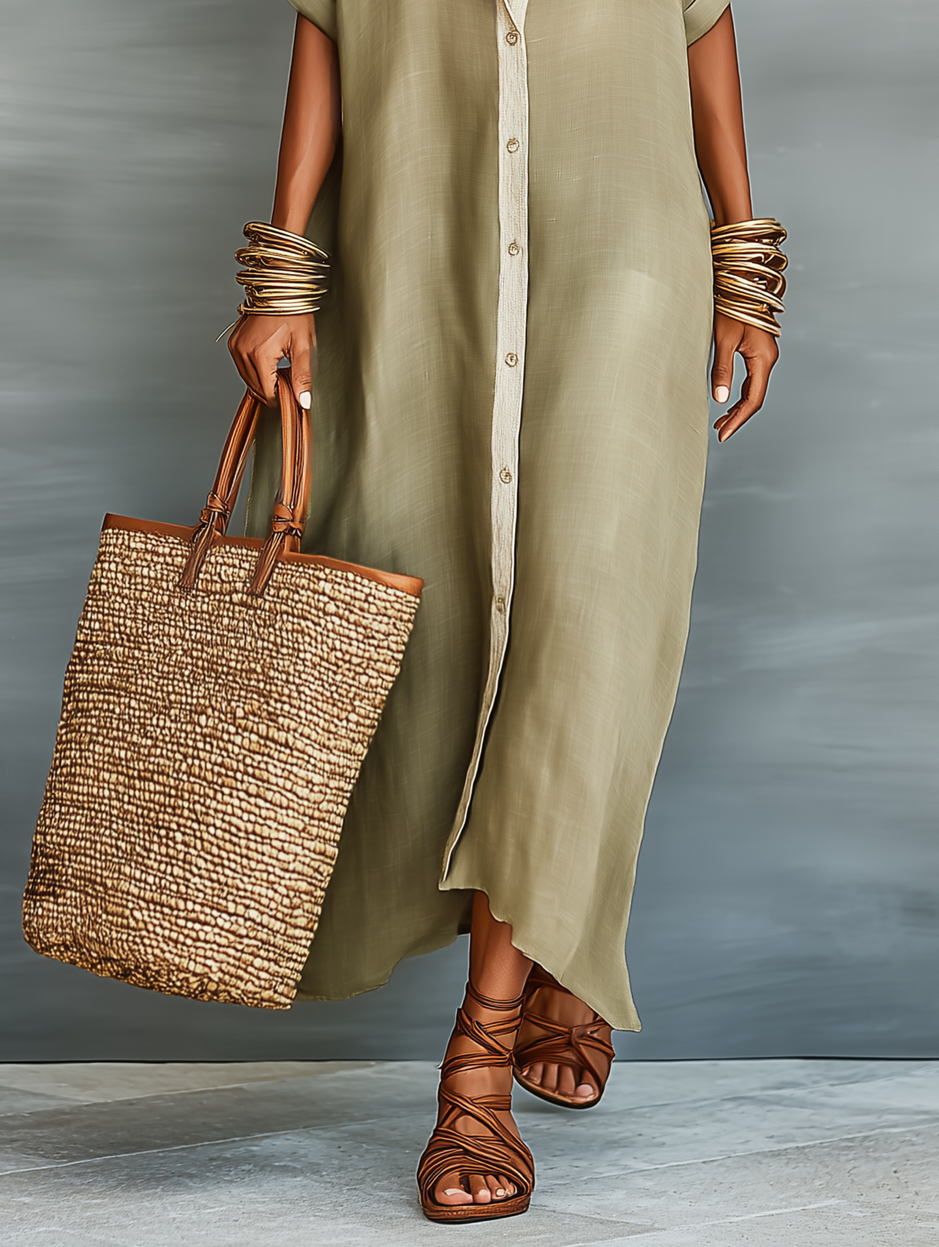 Women’s Linen Blend Shirt Maxi Dress – Short Sleeve Button Front Minimalist Summer Casual Dress