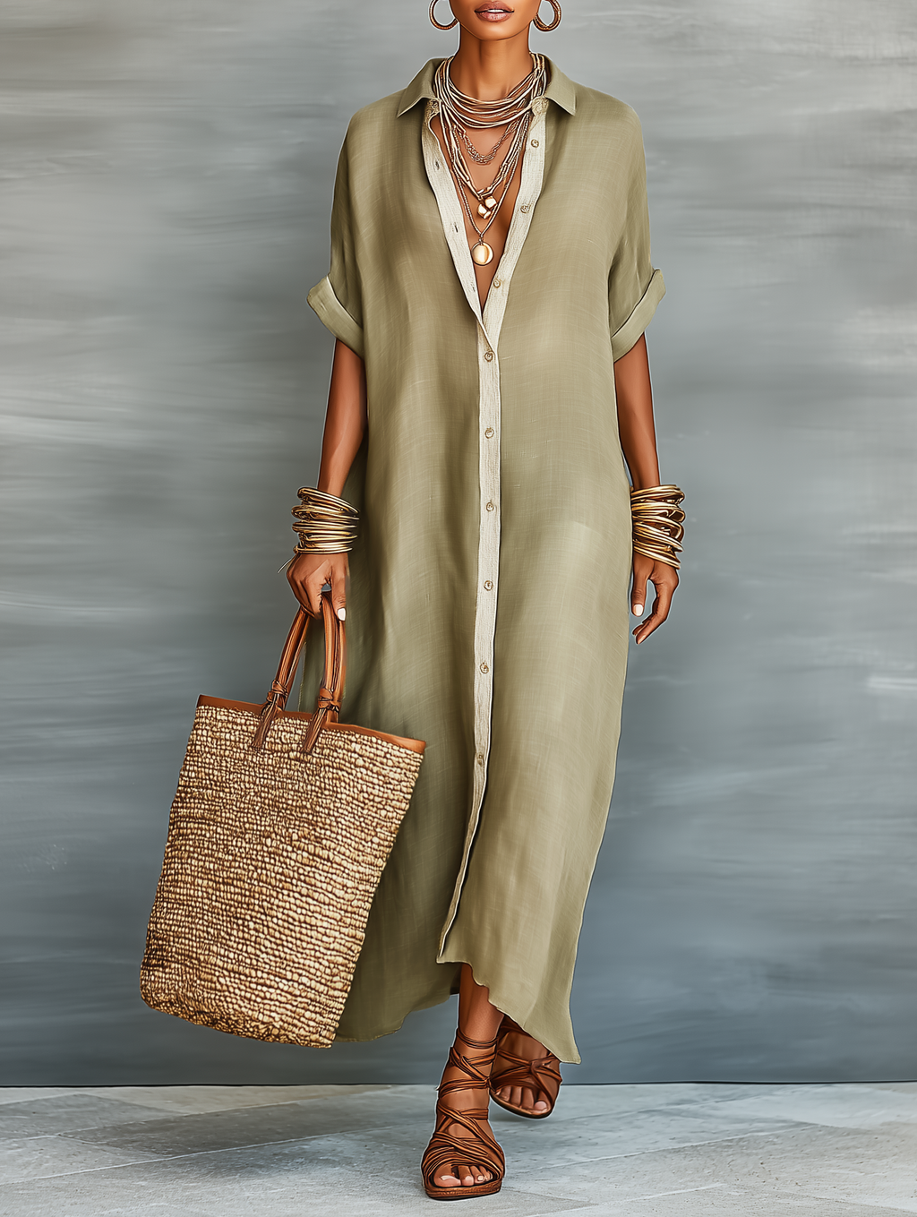 Women’s Linen Blend Shirt Maxi Dress – Short Sleeve Button Front Minimalist Summer Casual Dress