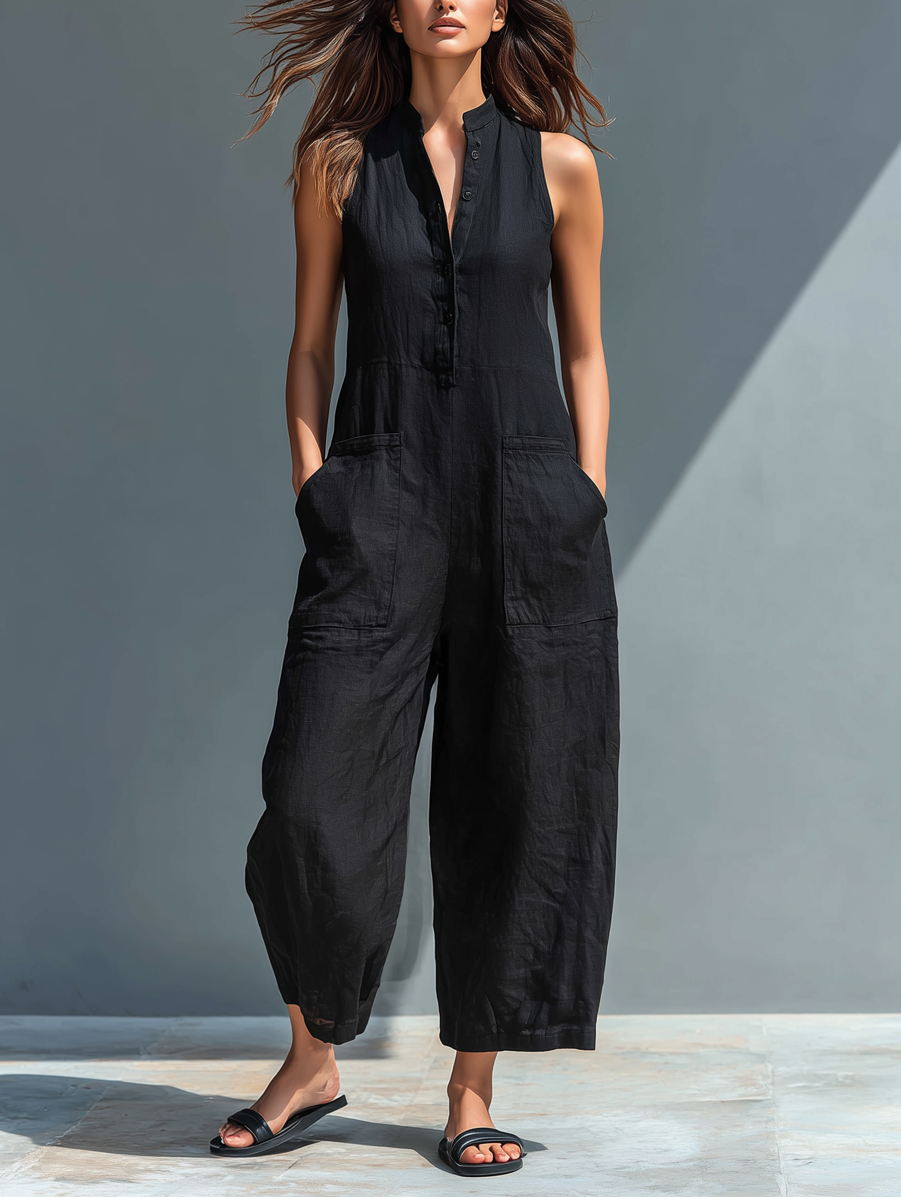 Women’s Minimalist Linen Blend Jumpsuit – Stand Collar Sleeveless Button Front Wide Leg One-Piece Outfit