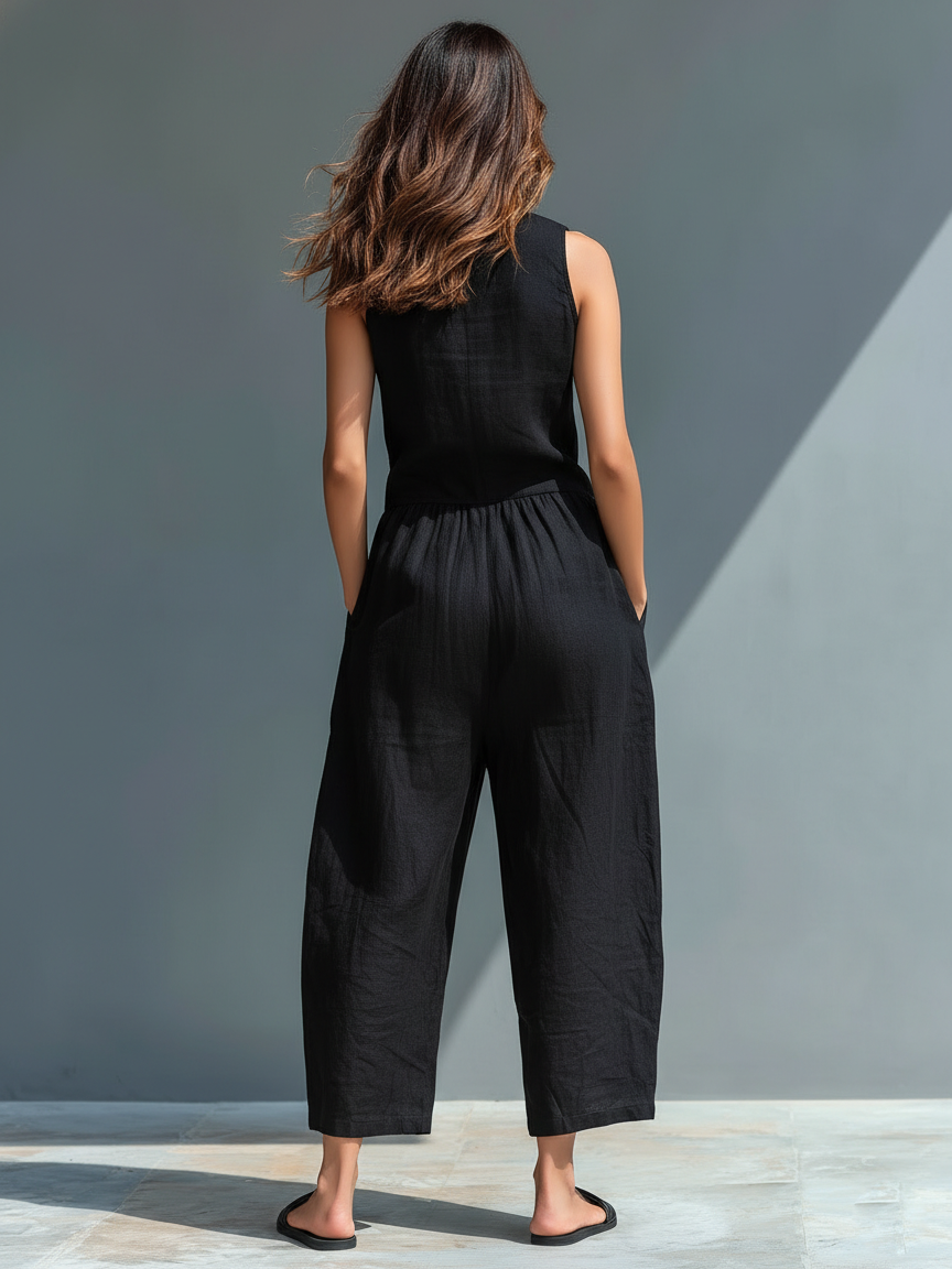 Women’s Minimalist Linen Blend Jumpsuit – Stand Collar Sleeveless Button Front Wide Leg One-Piece Outfit