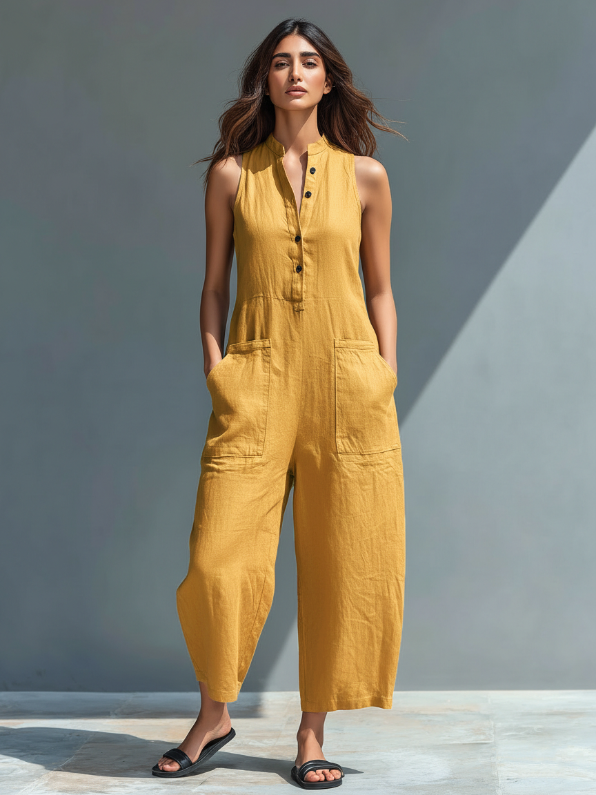 Women’s Minimalist Linen Blend Jumpsuit – Stand Collar Sleeveless Button Front Wide Leg One-Piece Outfit