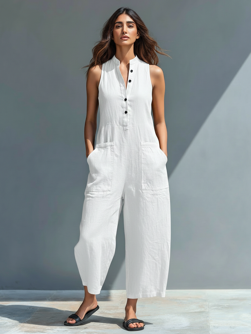Women’s Minimalist Linen Blend Jumpsuit – Stand Collar Sleeveless Button Front Wide Leg One-Piece Outfit