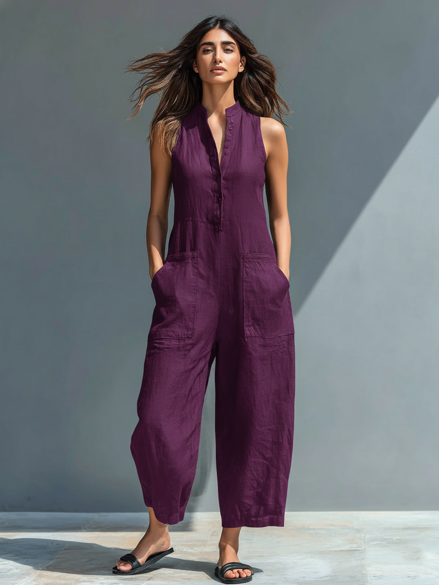 Women’s Minimalist Linen Blend Jumpsuit – Stand Collar Sleeveless Button Front Wide Leg One-Piece Outfit