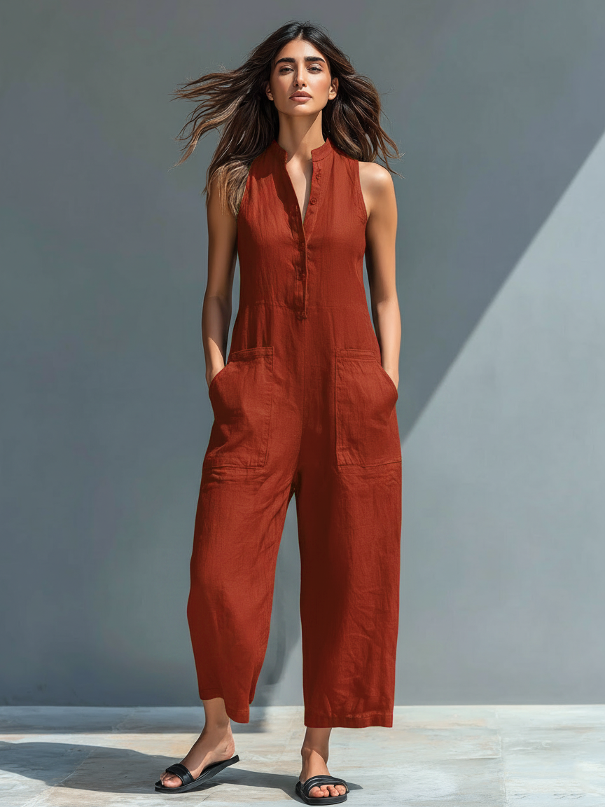 Women’s Linen Blend Stand Collar Sleeveless Jumpsuit – Minimalist Button-Up Wide Leg Full-Length Summer Outfit