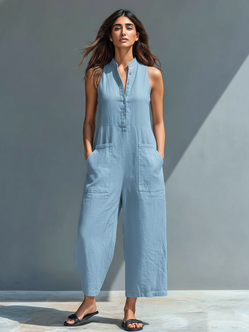 Women’s Linen Blend Stand Collar Sleeveless Jumpsuit – Minimalist Button-Up Wide Leg Full-Length Summer Outfit