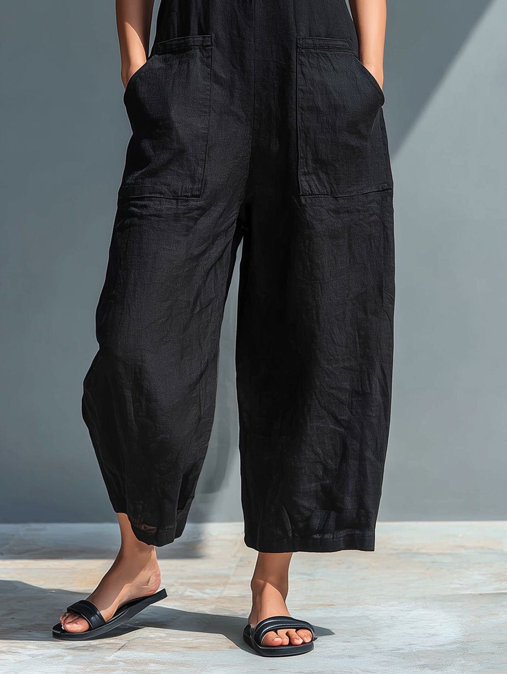 Women’s Minimalist Linen Blend Jumpsuit – Stand Collar Sleeveless Button Front Wide Leg One-Piece Outfit