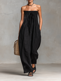 Women’s Linen Blend Strapless Tie-Front Jumpsuit – Minimalist Loose Fit Full-Length Summer Vacation Outfit