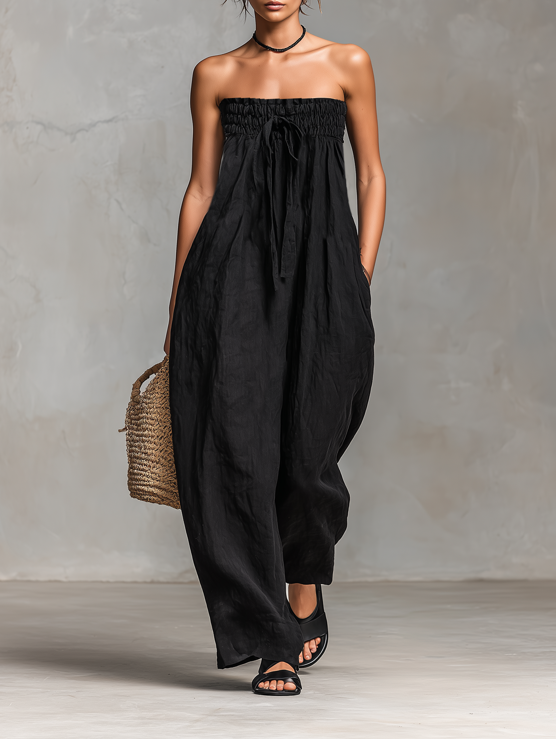 Women’s Linen Blend Strapless Tie-Front Jumpsuit – Minimalist Loose Fit Full-Length Summer Vacation Outfit