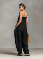 Women’s Linen Blend Strapless Tie-Front Jumpsuit – Minimalist Loose Fit Full-Length Summer Vacation Outfit