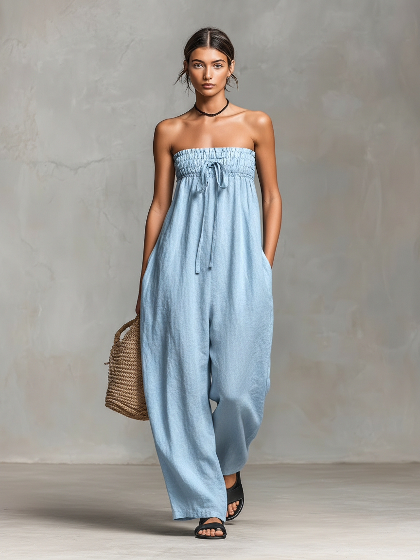 Women’s Linen Blend Strapless Tie-Front Jumpsuit – Minimalist Loose Fit Full-Length Summer Vacation Outfit