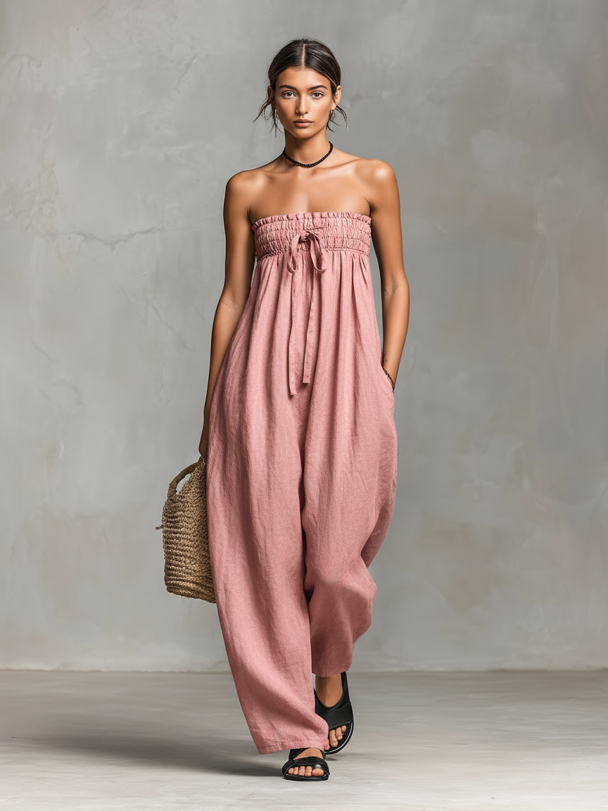 Women’s Linen Blend Strapless Tie-Front Jumpsuit – Minimalist Loose Fit Full-Length Summer Vacation Outfit