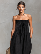 Women’s Linen Blend Strapless Tie-Front Jumpsuit – Minimalist Loose Fit Full-Length Summer Vacation Outfit