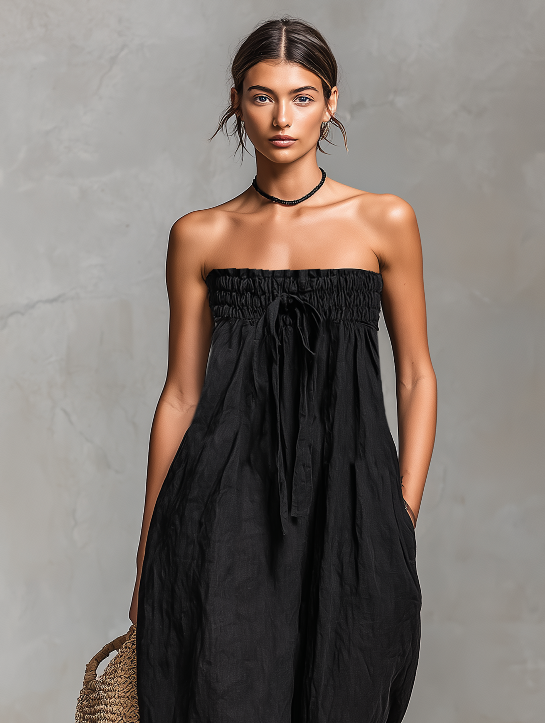 Women’s Linen Blend Strapless Tie-Front Jumpsuit – Minimalist Loose Fit Full-Length Summer Vacation Outfit