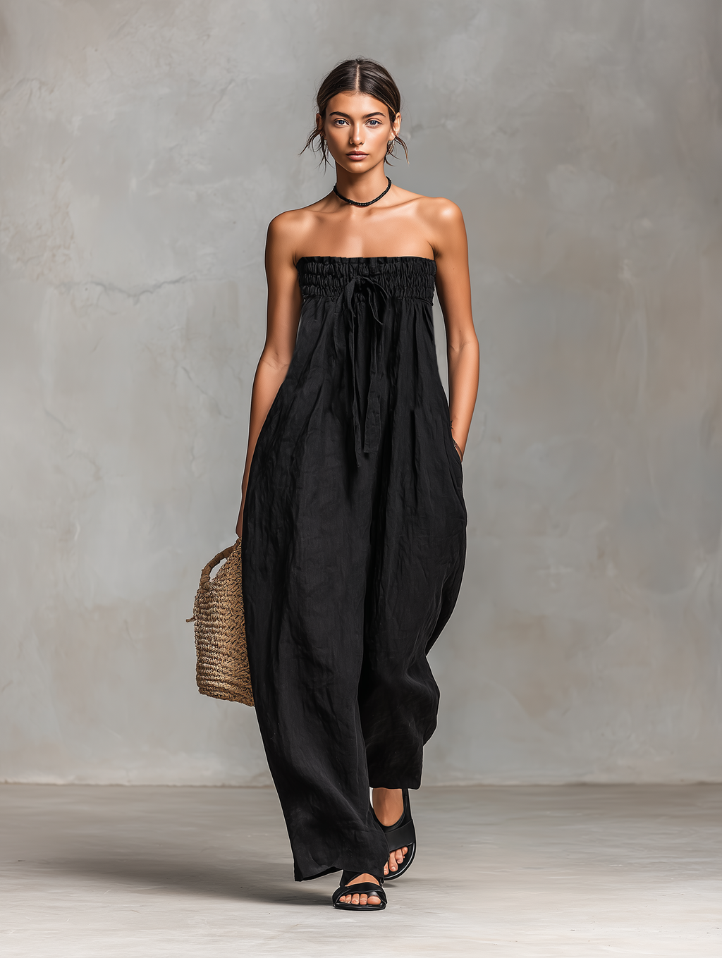 Women’s Linen Blend Strapless Tie-Front Jumpsuit – Minimalist Loose Fit Full-Length Summer Vacation Outfit