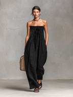 Women’s Linen Blend Strapless Tie-Front Jumpsuit – Minimalist Loose Fit Full-Length Summer Vacation Outfit