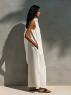 Riviera Crochet Bib Linen Maxi Dress  White Sleeveless Resort Dress