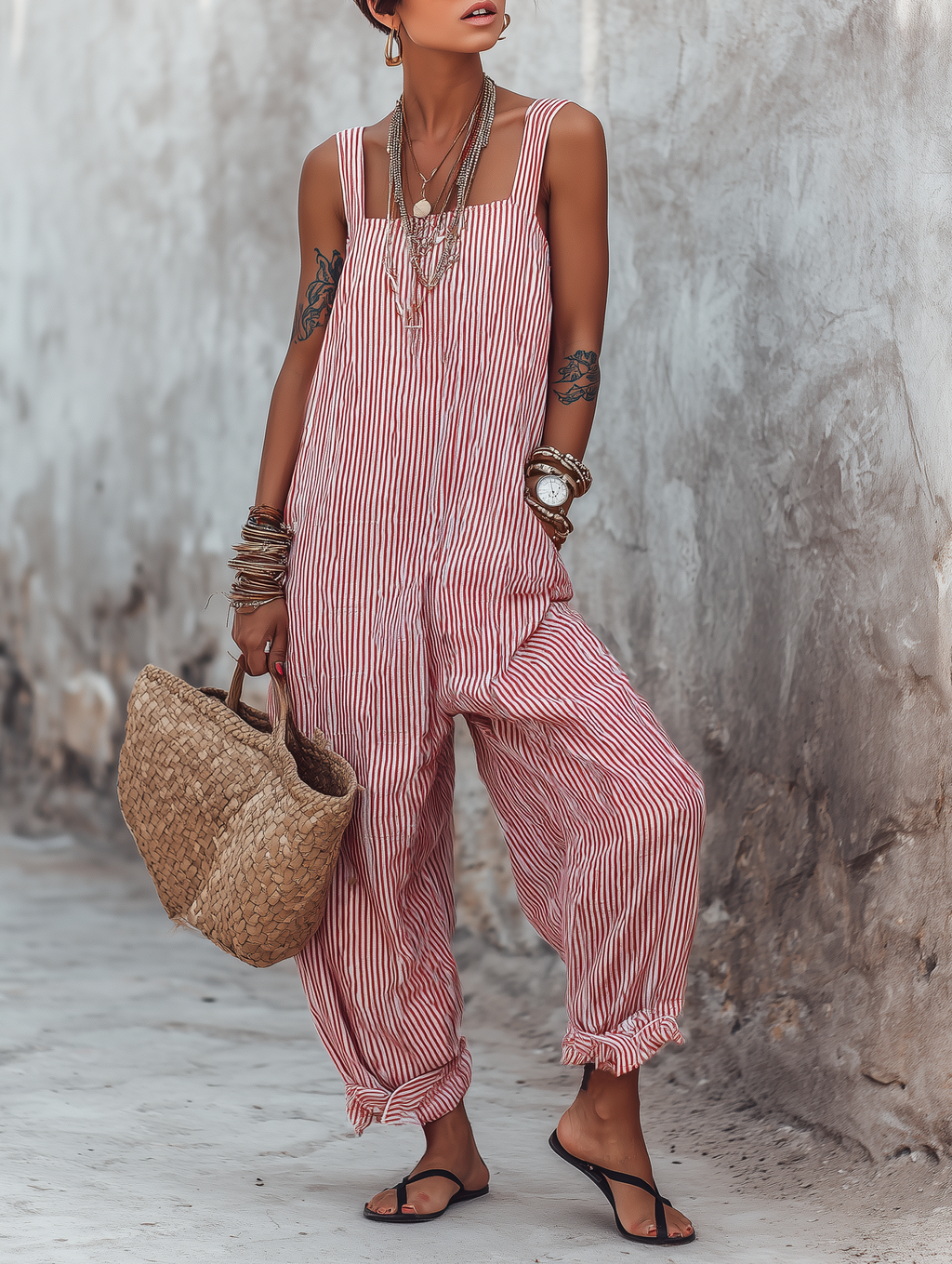 Women’s Minimalist Striped Jumpsuit – Square Neck Wide-Leg Relaxed Fit One-Piece Outfit