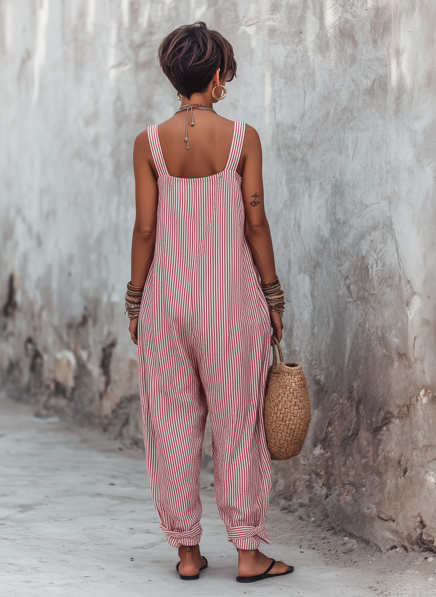 Women’s Minimalist Striped Jumpsuit – Square Neck Wide-Leg Relaxed Fit One-Piece Outfit