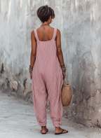 Women’s Minimalist Striped Jumpsuit – Square Neck Wide-Leg Relaxed Fit One-Piece Outfit