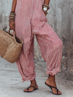 Women’s Minimalist Striped Jumpsuit – Square Neck Wide-Leg Relaxed Fit One-Piece Outfit