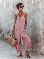 Women’s Minimalist Striped Jumpsuit – Square Neck Wide-Leg Relaxed Fit One-Piece Outfit