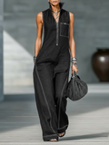 Women’s Minimalist Sleeveless Jumpsuit – Contrast Trim Zipper Neck Wide-Leg Outfit
