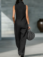 Women’s Minimalist Sleeveless Jumpsuit – Contrast Trim Zipper Neck Wide-Leg Outfit