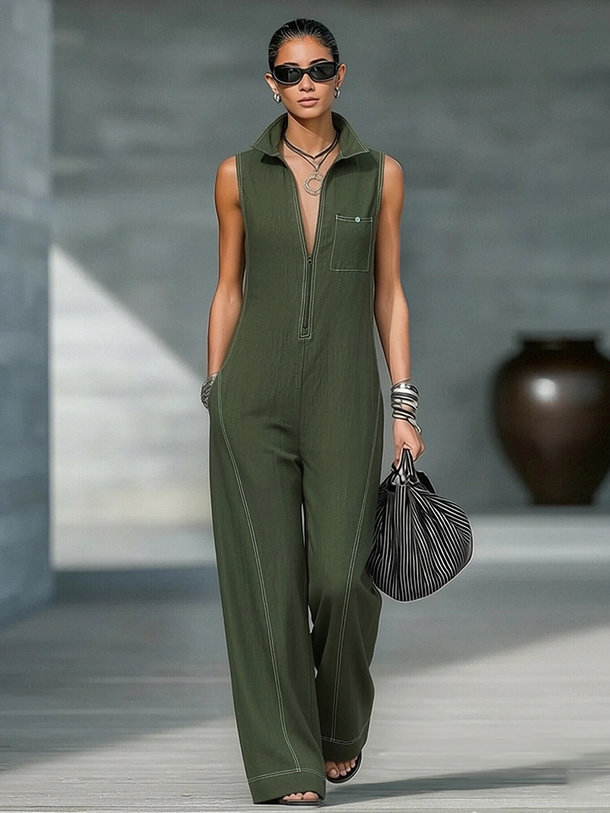 Women’s Minimalist Sleeveless Jumpsuit – Contrast Trim Zipper Neck Wide-Leg Outfit