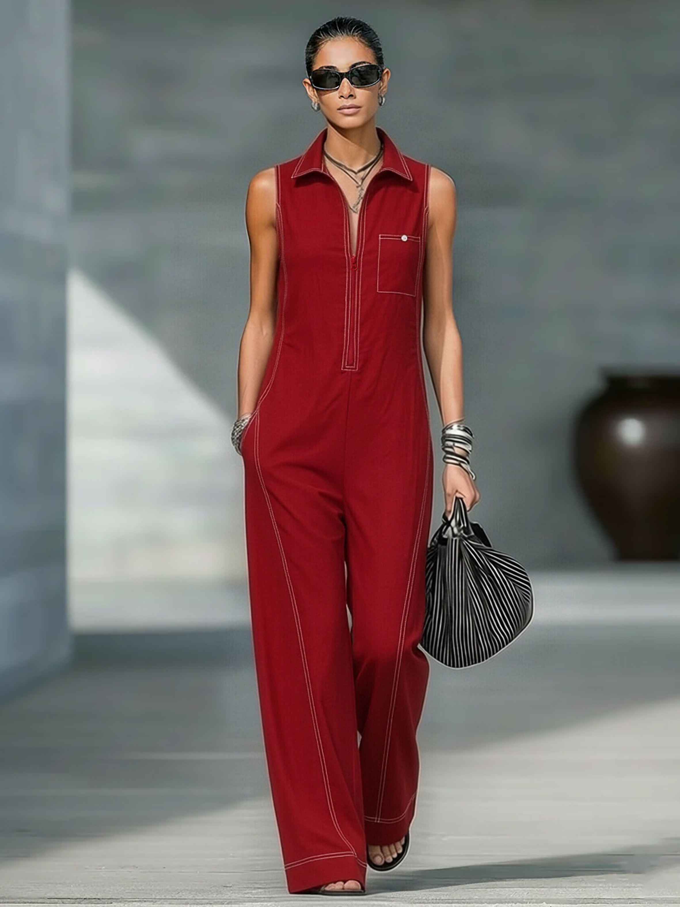 Women’s Minimalist Sleeveless Jumpsuit – Contrast Trim Zipper Neck Wide-Leg Outfit