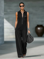 Women’s Minimalist Sleeveless Jumpsuit – Contrast Trim Zipper Neck Wide-Leg Outfit
