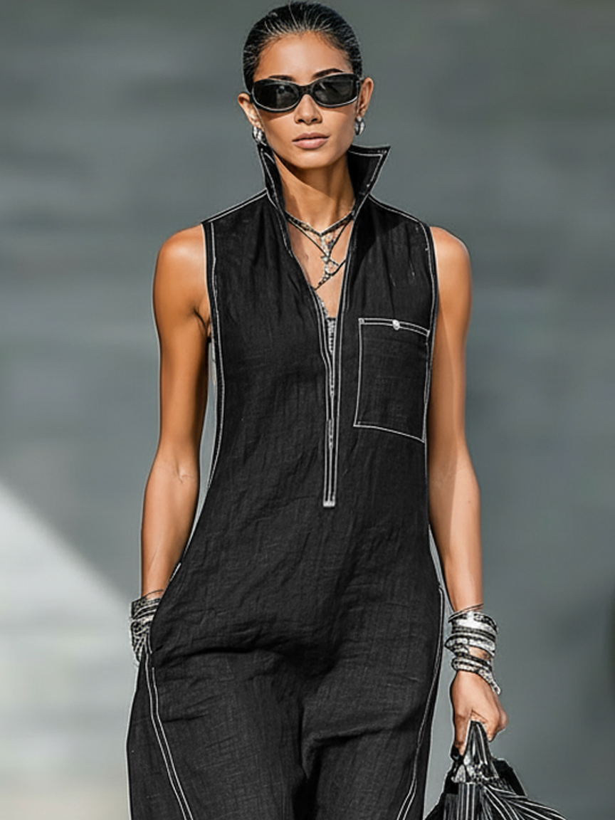 Women’s Minimalist Sleeveless Jumpsuit – Contrast Trim Zipper Neck Wide-Leg Outfit