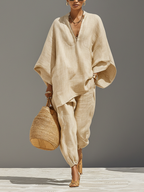 Women’s Neutral Linen Cotton Co-Ord Set – Asymmetric Hem Top & Tapered Pants Minimalist Two-Piece Outfit for Everyday Elegance