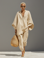 Women’s Neutral Linen Cotton Co-Ord Set – Asymmetric Hem Top & Tapered Pants Minimalist Two-Piece Outfit for Everyday Elegance