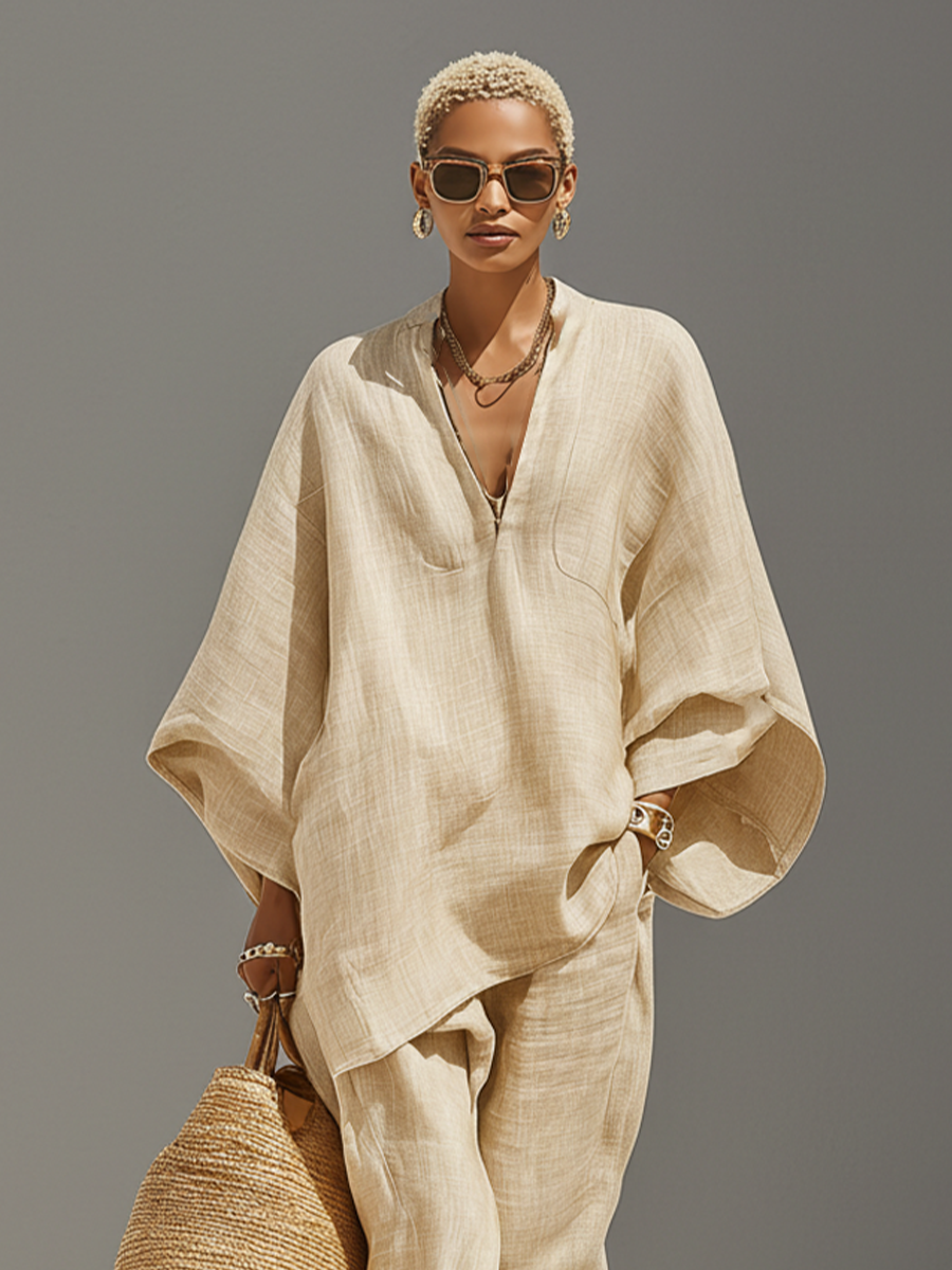 Women’s Neutral Linen-Cotton Co-Ord Set – Asymmetric Hem Top & Tapered Pants Minimalist Everyday Outfit