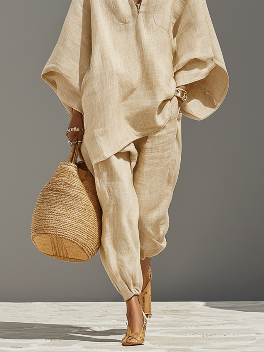 Women’s Neutral Linen-Cotton Co-Ord Set – Asymmetric Hem Top & Tapered Pants Minimalist Everyday Outfit