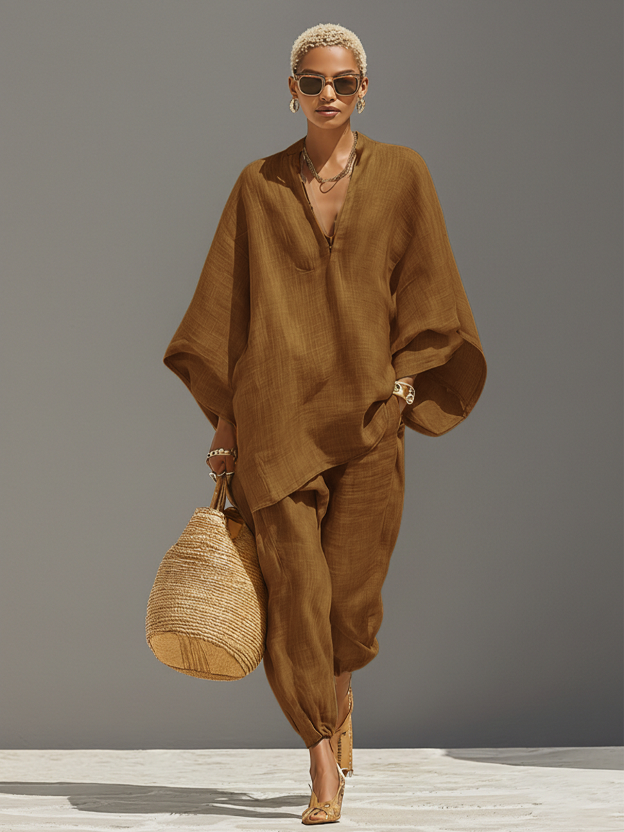 Women’s Neutral Linen-Cotton Co-Ord Set – Asymmetric Hem Top & Tapered Pants Minimalist Everyday Outfit