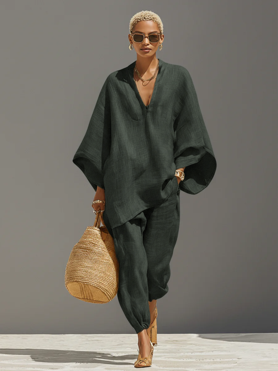 Women’s Neutral Linen Cotton Co-Ord Set – Asymmetric Hem Top & Tapered Pants Minimalist Two-Piece Outfit for Everyday Elegance