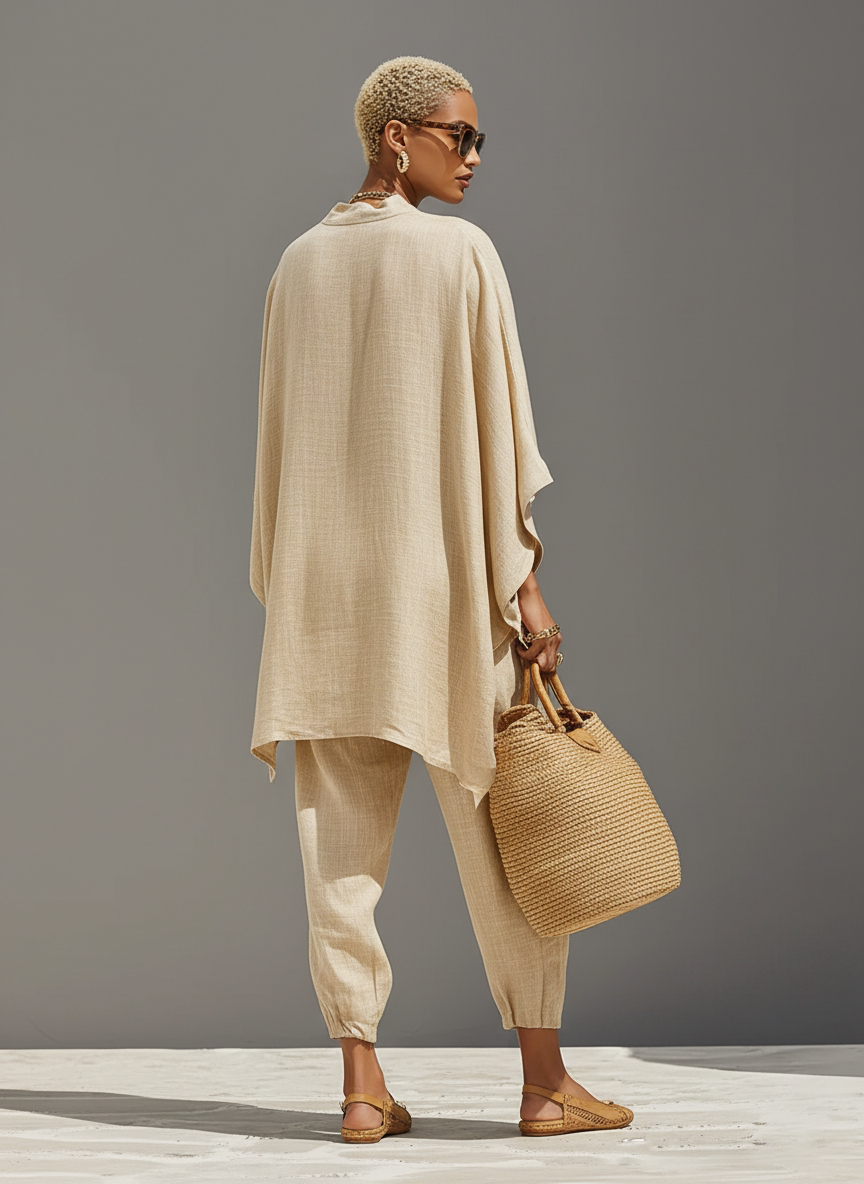 Women’s Neutral Linen Cotton Co-Ord Set – Asymmetric Hem Top & Tapered Pants Minimalist Two-Piece Outfit for Everyday Elegance