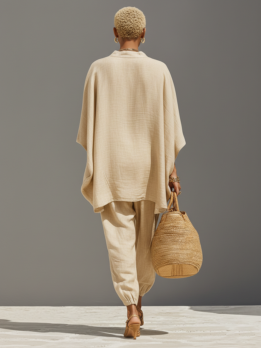 Women’s Neutral Linen Cotton Co-Ord Set – Asymmetric Hem Top & Tapered Pants Minimalist Two-Piece Outfit for Everyday Elegance
