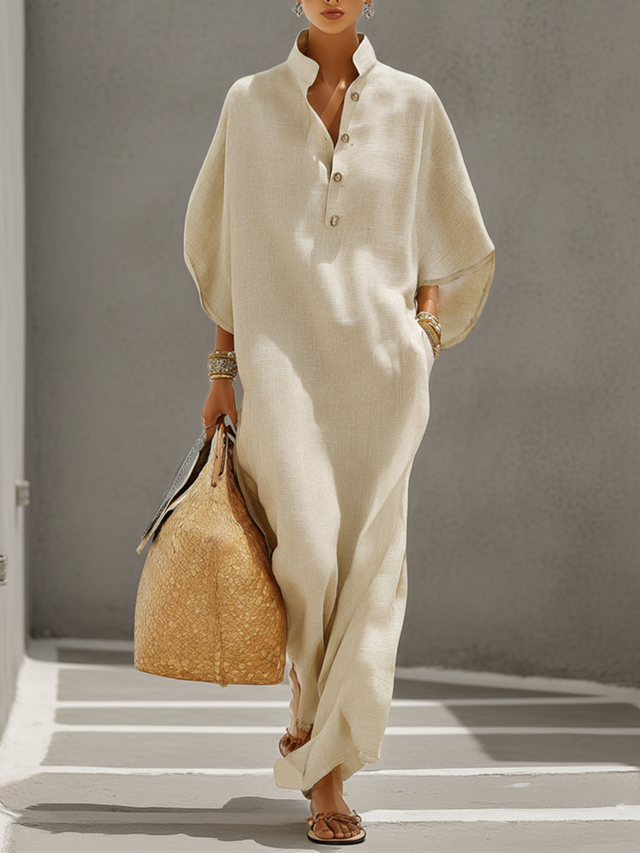 Sahara Button-Neck Linen Maxi Dress  Sand Oversized Batwing Sleeve Resort Dress