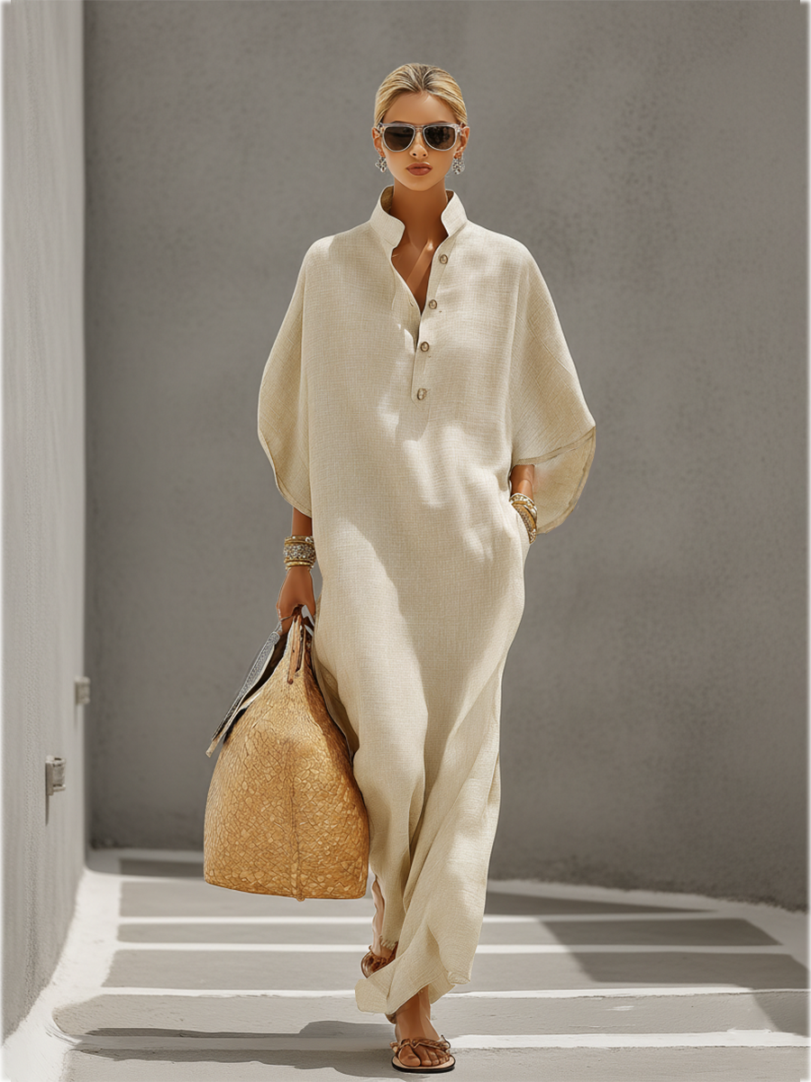 Sahara Button-Neck Linen Maxi Dress  Sand Oversized Batwing Sleeve Resort Dress