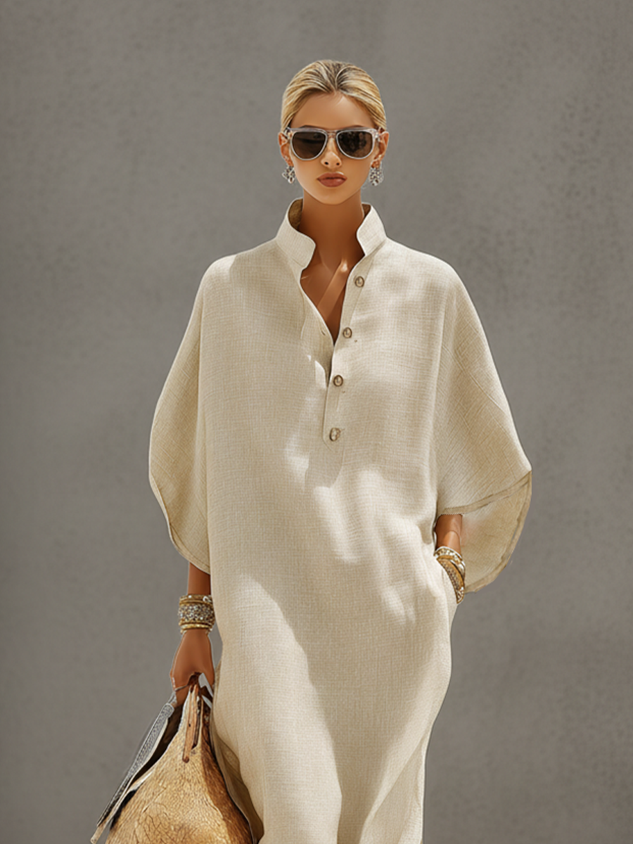 Women’s Oatmeal Linen Maxi Dress – Breathable Cotton Linen Blend Resort Maxi Dress with Mandarin Collar