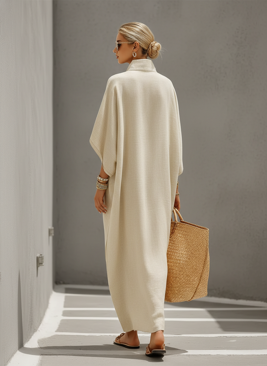 Women’s Oatmeal Linen Maxi Dress – Breathable Cotton Linen Blend Resort Maxi Dress with Mandarin Collar