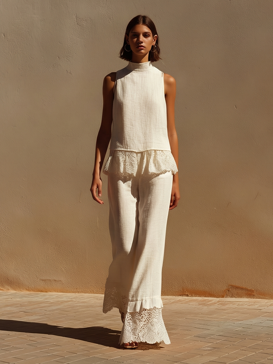 Women’s Off-White Linen Halter Two-Piece Set – High Neck Lace Trim Wide-Leg Pants Boho Resort Outfit