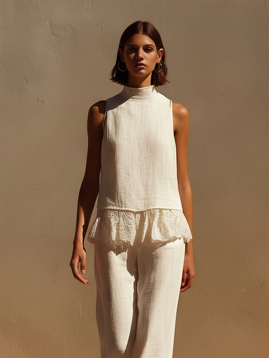 Women’s Off-White Linen Halter Two-Piece Set – High Neck Lace Trim Wide-Leg Pants Boho Resort Outfit