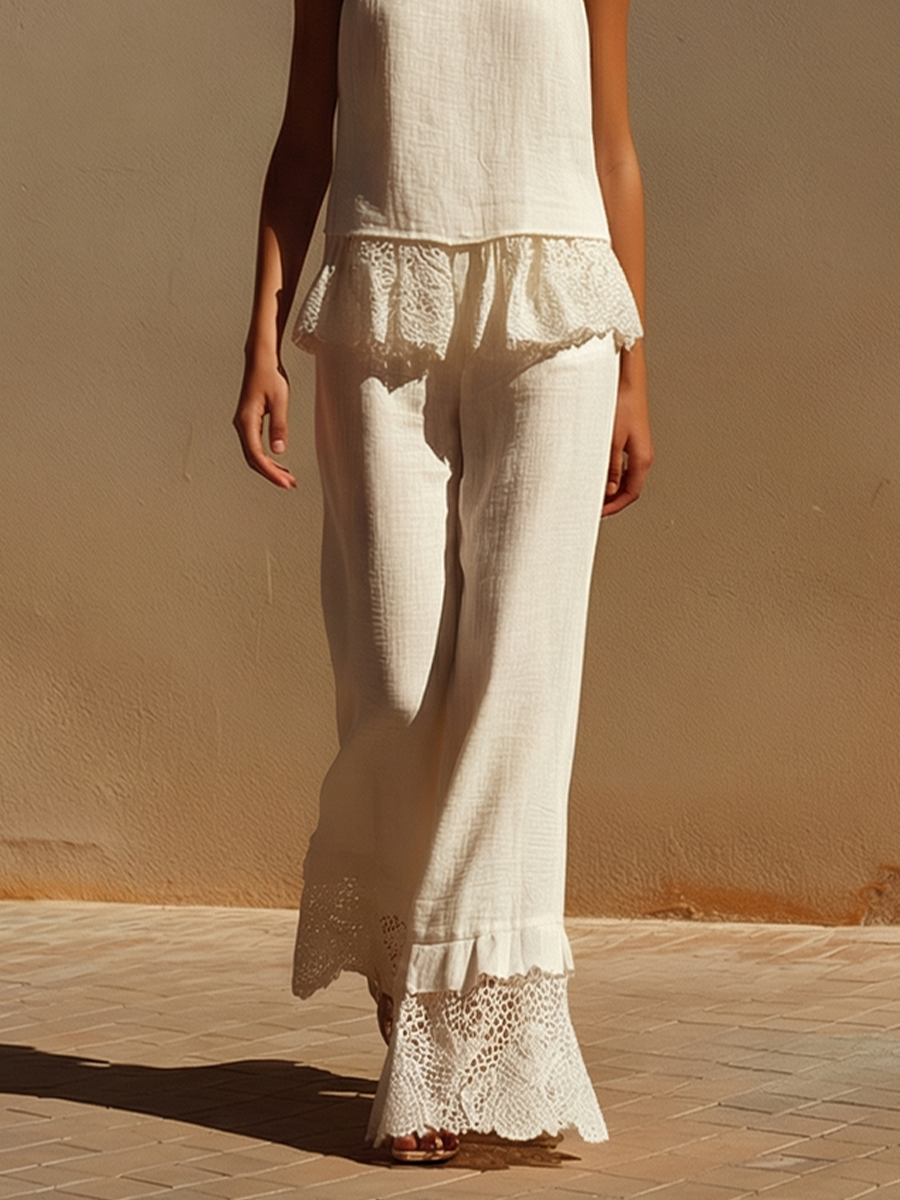 Women’s Off-White Linen Halter Two-Piece Set – High Neck Lace Trim Wide-Leg Pants Boho Resort Outfit