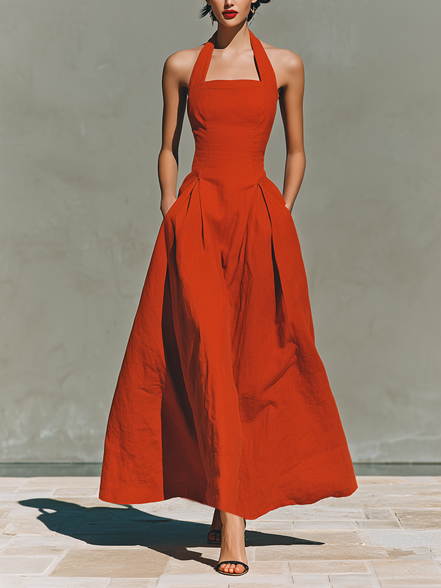 Women’s Red Linen Halter Maxi Dress – Pleated Flowing Resort Dress for Elegant Summer Vacation Style